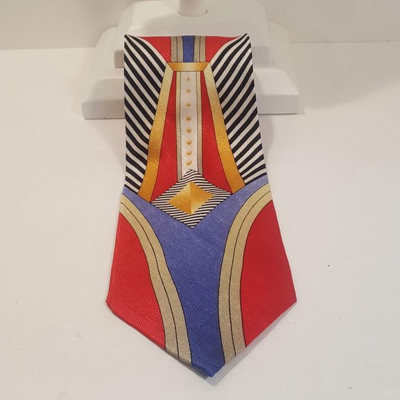 Silk Necktie w/European Art Deco Styling w/Red Blue Silver & White Colors NWOT - Picture 5 of 5